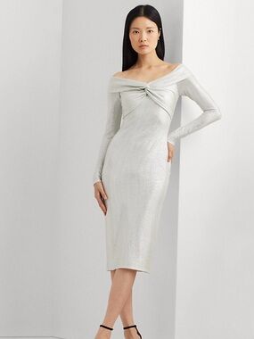 Lauren Ralph Lauren Silver Metallic Off-Shoulder Twist-Front Midi Dress